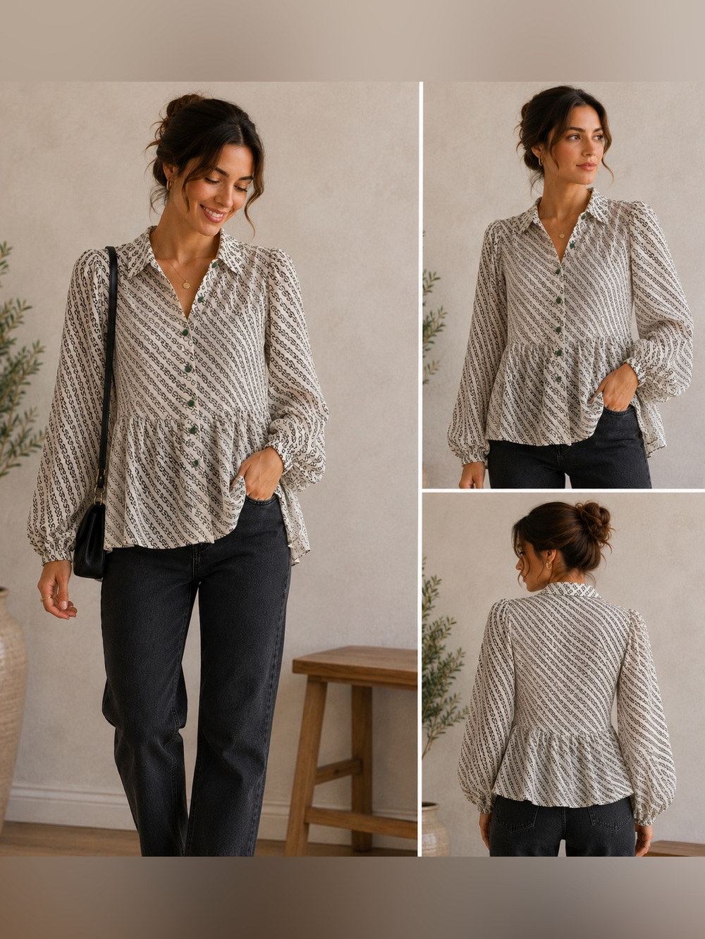 Shanghai Tang Women’s 100% Silk Blouse Ivory Black Print Green Buttons